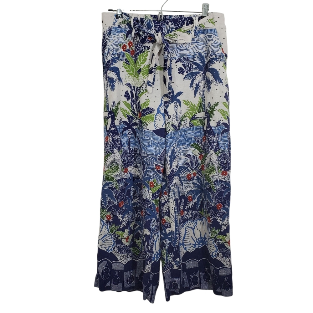 Joie Linen Blend Wide Leg Cropped Pants Tropical Boho Print Size 8 Vacation